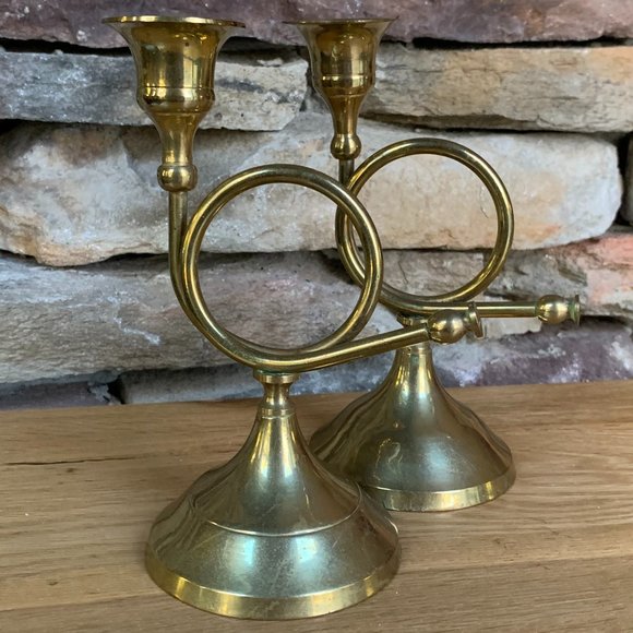 VTG 2 Brass French Horn Christmas Candle Holders Holiday Boho Decor India - Picture 4 of 9